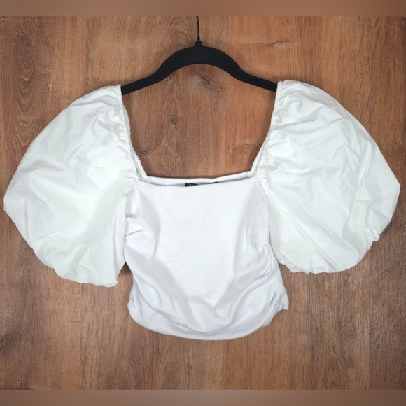 NWT ZARA White Puff Short Sleeve Square Neck Ribbed Crop Top 1660/809 SMALL - Picture 3 of 11